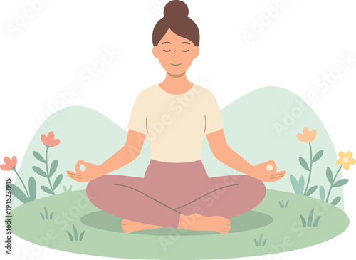 A serene woman practices meditation in a peaceful garden surrounded by flowers and lush greenery.