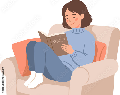 Woman reading book sitting on comfortable chair at home indoors