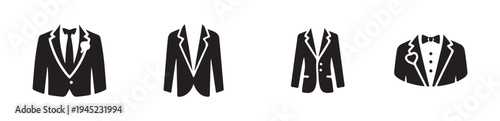 Groom tuxedo jacket icons with boutonniere for formal wedding celebration attire