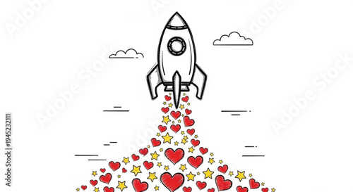 Rocket ship blasting off into the sky with trail of hearts and stars symbolizing love and passion in motion freedom and joy
