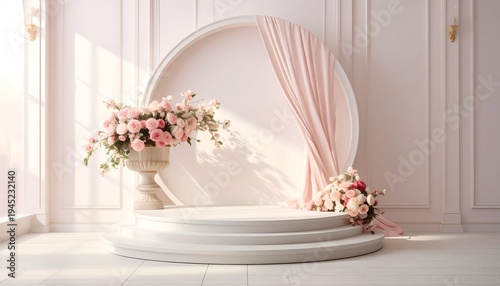 Elegant indoor scene with platform, florals, drapery, and soft light
