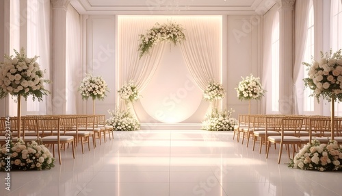 Elegant wedding ceremony setup with floral arrangements, chairs, and draped backdrop