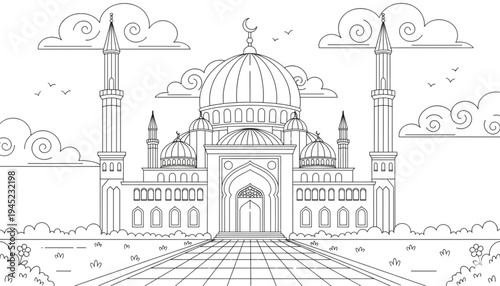 Detailed Mosque Coloring Page Line Art Illustration for Kids Islamic Architecture for Ramadan Kareem and Eid Mubarak Celebration