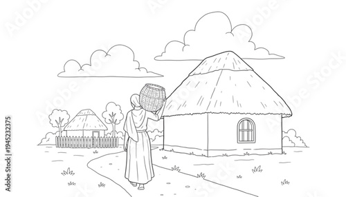 Traditional Village Woman Carrying Water Barrel. Rural Daily Life Line Art Illustration for Cultural and Educational Content.