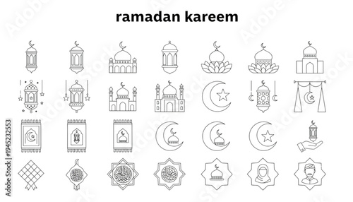 Ramadan Kareem Icon Set: Mosques, Lanterns, Prayer Mats, Moon for Islamic Celebration Design
