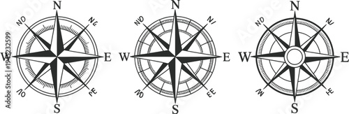 Vintage compass rose sketch, hand drawn nautical wind rose vector illustration for navigation maps, exploration themes, and maritime design projects.