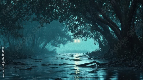 Rain falls on a quiet river surrounded by trees at night with distant lights shining through the mist