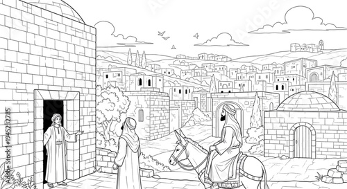 Ancient Middle Eastern Village Scene Welcoming Traveler on Donkey for Hospitality and Commerce