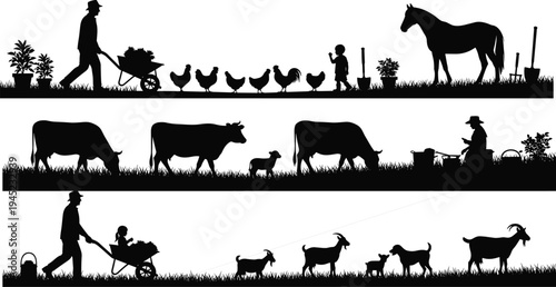 Farm Life Silhouette Set with Farmers Livestock Cows Horses Goats and Chickens in a Rural Countryside Landscape Vector Illustration Pack