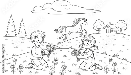 Children Picking Flowers, Horse Running, Rural Meadow Scene, Summer Joy, Family Outdoors, Childhood Memories, Nature Exploration,