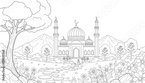 Peaceful Mosque and Garden Landscape Line Art for Kids Coloring Book Page Ramadan Eid Activity
