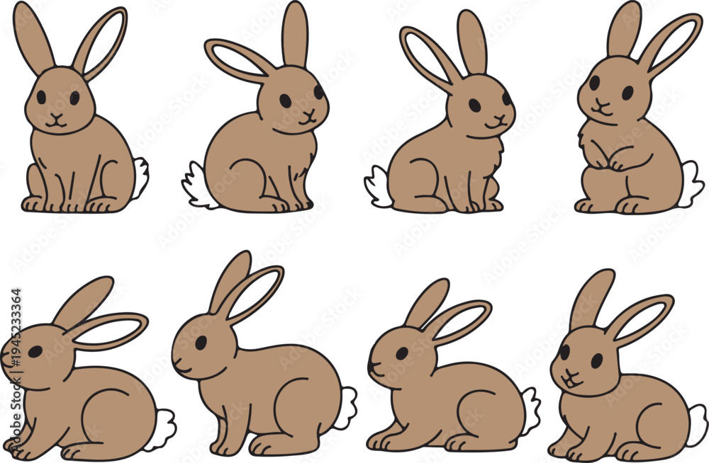 Fototapeta premium Eight charming cartoon brown rabbits with big eyes and fluffy white tails sitting on a clean white background