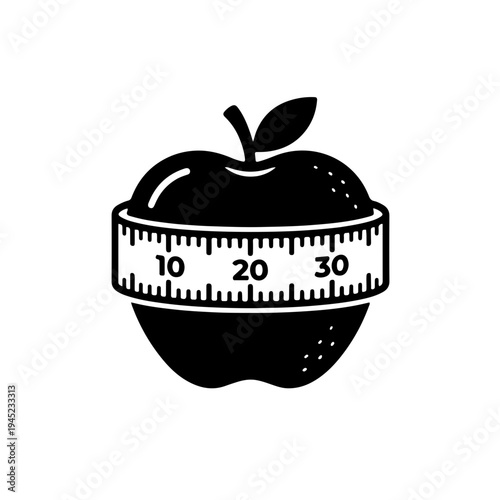 creative black and white fusion of a fresh apple and a measuring tape, symbolizing precise diet management, healthy weight loss, and professional nutritional science