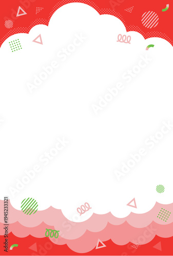 This cute illustration features a postcard-sized background of fluffy, bright and cheerful clouds. The main colour is red.