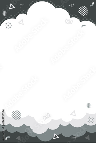 This cute illustration features a postcard-sized background of fluffy, bright and cheerful clouds. The main colour is monochrome.