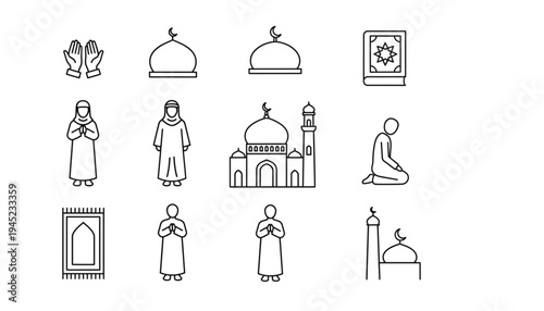 Islamic Prayer Icons Set Muslim Worship Symbols for Ramadan Eid Web Design App Graphics and Spiritual Content