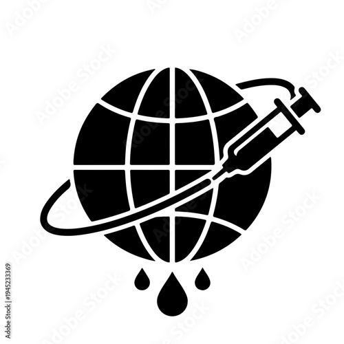 symbol featuring a vaccine syringe integrated with a globe, representing worldwide medical distribution, international health security, and the universal effort to end the pandemic