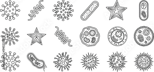 microorganism bacteria virus icons set microbe germ cell petri dish biology pathogen bacteria shape virus particle vector line illustration collection