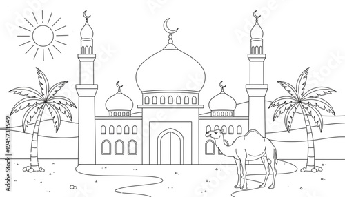 Islamic Mosque Outline Drawing with Arabian Desert, Palm Trees, Camel. Perfect for Kids Coloring Book, Ramadan Eid.