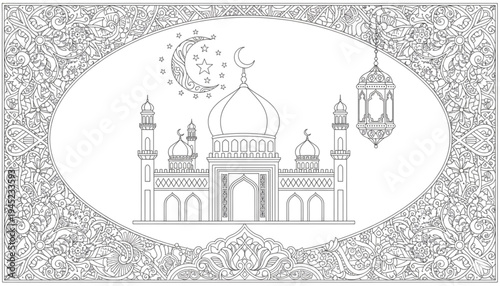 Peaceful Mosque Coloring Page with Crescent Moon Lantern and Ornate Border for Ramadan Eid Mubarak Greeting Card Design