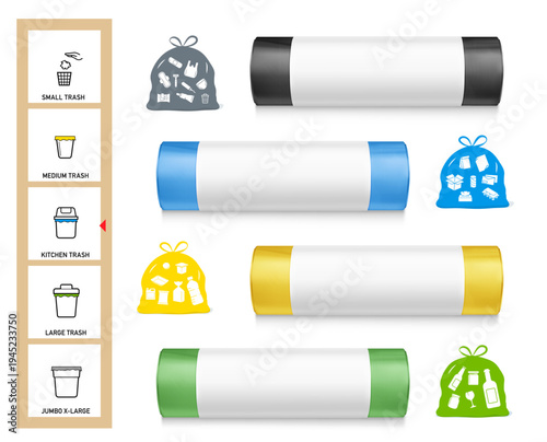 Garbage bag roll mockup set with set icons. High realistic. Vector illustration isolated on white background. Ready for your design. EPS10.	