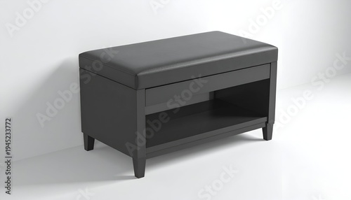 Dark gray bench with padded top, drawer, and open shelf against white background