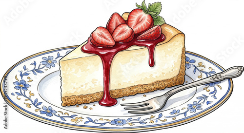 New York Cheesecake Slice with Fresh Strawberries and Coulis