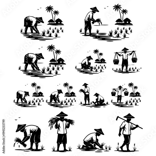 Rural Village Landscape with Farmer Planting Rice and Palm Trees Silhouette Pack