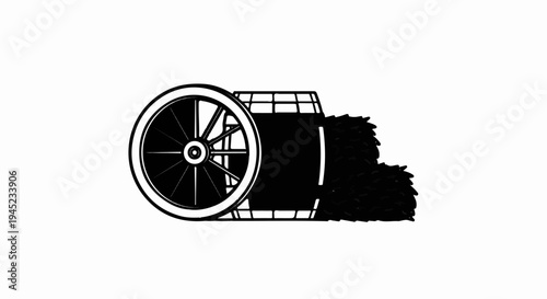 Old-fashioned cart wheel and hay bales on white background
