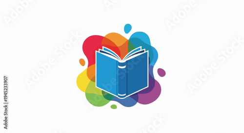 Open blue book surrounded by colorful abstract blobs