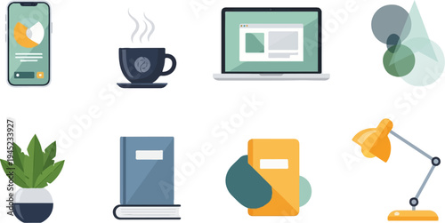 Icons of work essentials phone, coffee, laptop, plant, books, and lamp