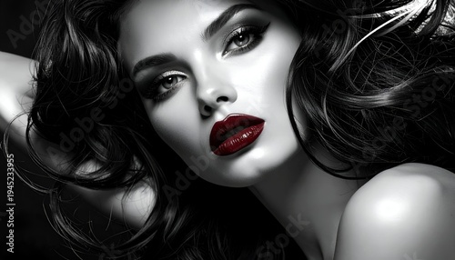 Glamorous woman's portrait, black & white, striking makeup, red lips, tousled hair