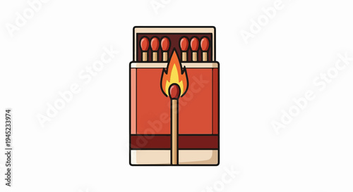Open box of matches with one lit matchstick burning brightly