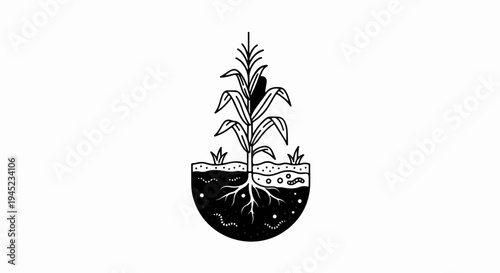 Illustration of corn plant with roots and soil layers with worms