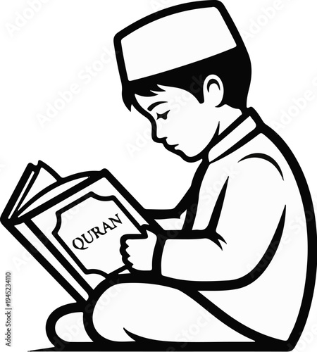 Illustration of a young boy wearing a cap reading a sacred book