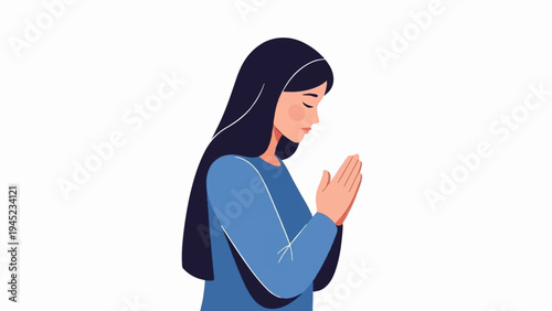 Illustration of a woman with dark hair praying with her hands together