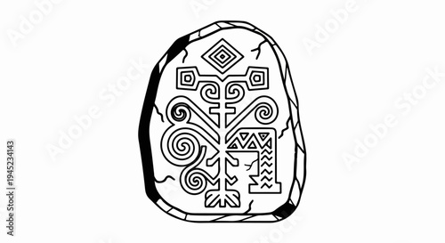 Ornate symbol etched into ancient stone, tribal patterns