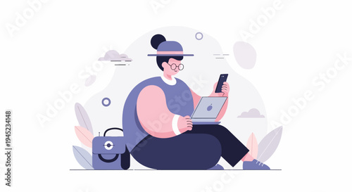 Person in hat and glasses uses laptop and phone, with bag