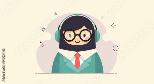 Friendly cartoon figure with headphones and glasses, dressed professionally