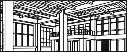 Interior of a building with exposed beams and large windows