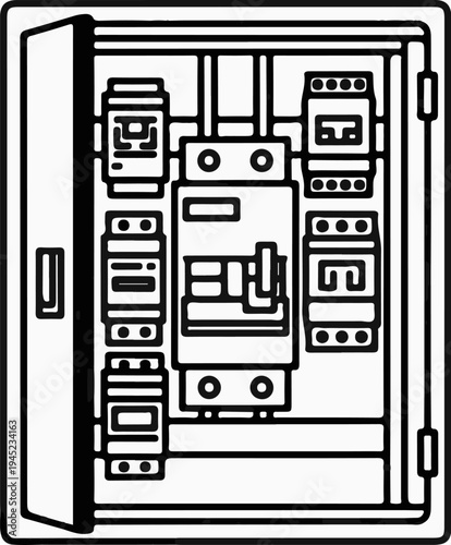 Inside of an electrical distribution box with circuit breakers and components