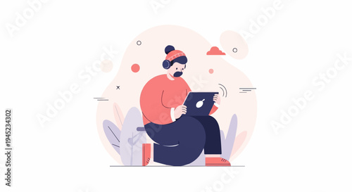 Person in hat and headphones uses laptop amidst abstract shapes and plants