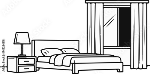 Line art of a bed, nightstand with lamp, and window with curtains