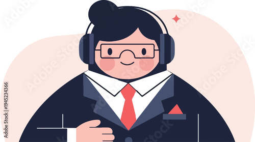 Friendly person in suit and headset, wearing glasses and tie