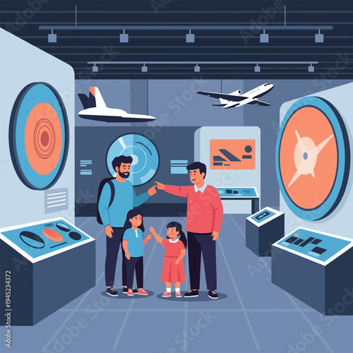 Family visiting an aerospace exhibition