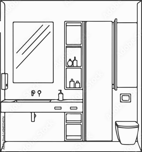 Line art of a modern bathroom with sink, mirror, storage, and toilet
