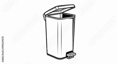 Line art of a rectangular pedal trash can with its lid open