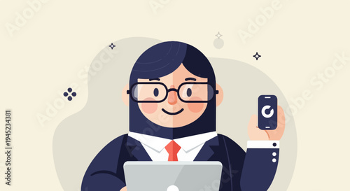 Friendly person in suit with laptop and phone, looking forward with smile
