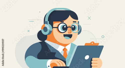 Friendly support agent with headset and clipboard reviews information