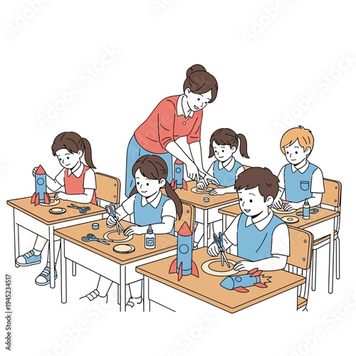 Students crafting rockets with mentor at school activity or lesson